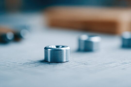 Fototapeta flat-lay of vintage car blueprint drawings rivet samples and caliper on oak drafting desk under soft daylight