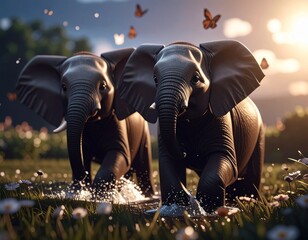 Two elephants at sunset, splashing in the water