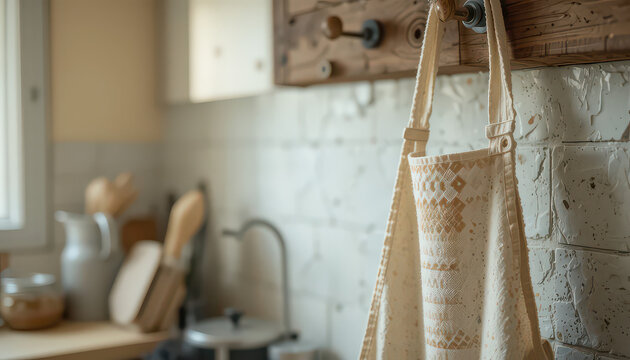 Cream apron hanging in a kitchen with wooden accents and brick wall