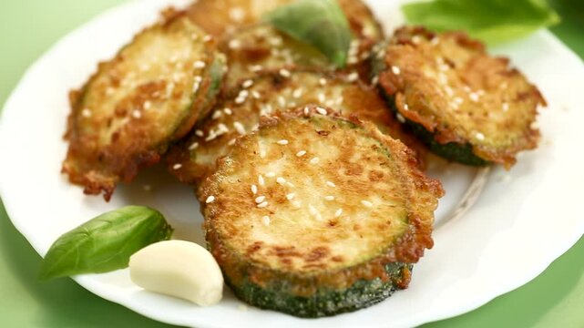 Delicious vegetable side dish of fried zucchini on a light background