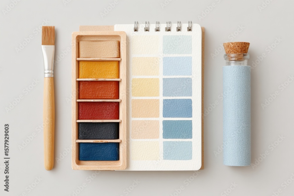Poster flat-lay of watercolor paint set language workbooks and open translation notebook on canvas mat