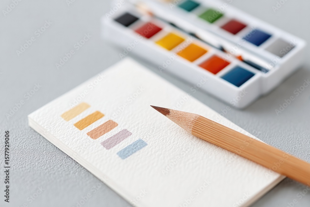 Aufkleber flat-lay of watercolor paint set language workbooks and open translation notebook on canvas mat