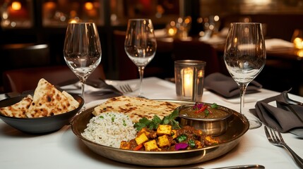 Delicious Indian Meal with Curry, Rice, Naan Bread and Glasses