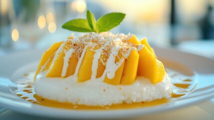 Creamy Coconut Dessert with Fresh Mango and Mint Garnish