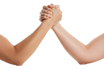 Forearms and Interlocked Hands: A Close-Up Depicting Two Individuals in a Potential Test of Strength or a Moment of Shared Connection Against a White Background
