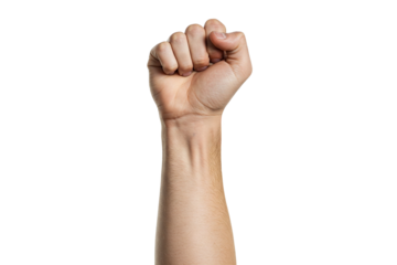 Raised Fist: Arm Extending Upwards with Clenched Fists, Isolated Against a White Background, Symbolizing Power or Protest