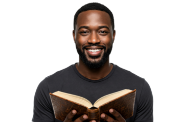 Confident man holding an open book while smiling, embodying joy, focus, intelligence, personal growth, and a love for reading on transparent background