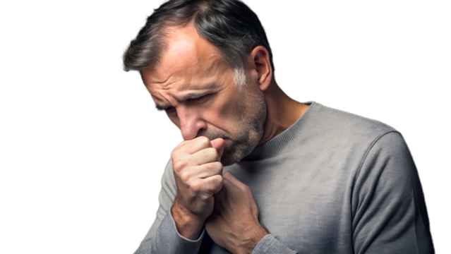 A middleaged man with a beard coughs into his fist, isolated on a transparent background, representing illness and sickness