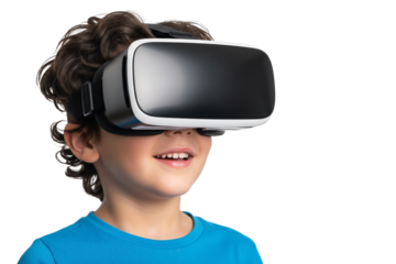 Young boy wearing virtual reality headset enjoys immersive digital experience while smiling, highlighting technology's impact on children's imaginative playtime isolated on Transparent background
