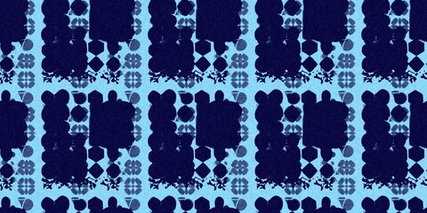 Abstract indigo blue batik dye seamless pattern, Organic bleed effect dyed wash background.