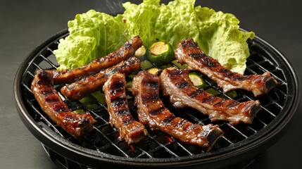 Grilled Meat Ribs on Charcoal Grill with Fresh Lettuce and Vegetables