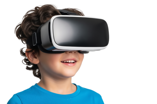 Young boy wearing virtual reality headset enjoys immersive digital experience while smiling, highlighting technology's impact on children's imaginative playtime  isolated on Transparent background