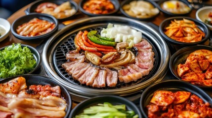 Fototapeta premium Delicious Korean Barbecue with Grilled Meat and Fresh Vegetables