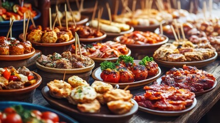 Obraz premium Colorful Display of Culinary Delights on Wooden Table Setting