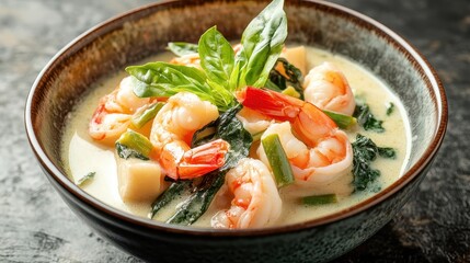 Creamy Shrimp Soup with Fresh Basil and Vegetables in Bowl