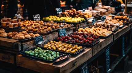 Obraz premium Colorful Display of Assorted Pastries and Fruits at Market Stall