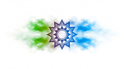 A stylized sunburst emblem with intricate geometric details surrounded by green and blue wisps of smoke or vapor on a white background.