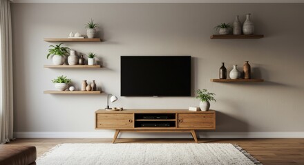  entertainment wall with mounted TV, symmetrical wooden floating shelves holding indoor plants and rustic vases, and a mid-century wooden TV console