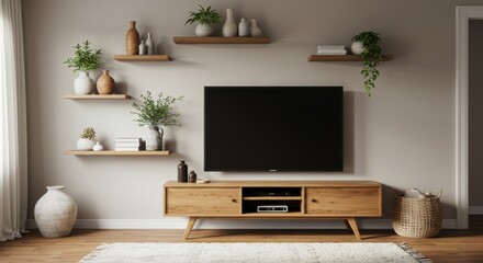  entertainment wall with mounted TV, symmetrical wooden floating shelves holding indoor plants and rustic vases, and a mid-century wooden TV console