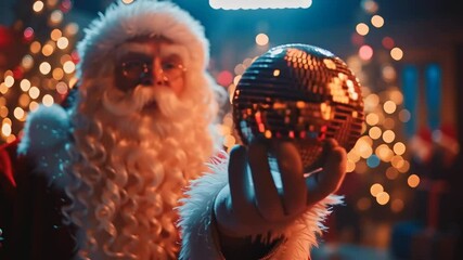 Closeup Santa hand holding a disco ball for Christmas or New Year party on isolated red background with lights - Powered by Adobe