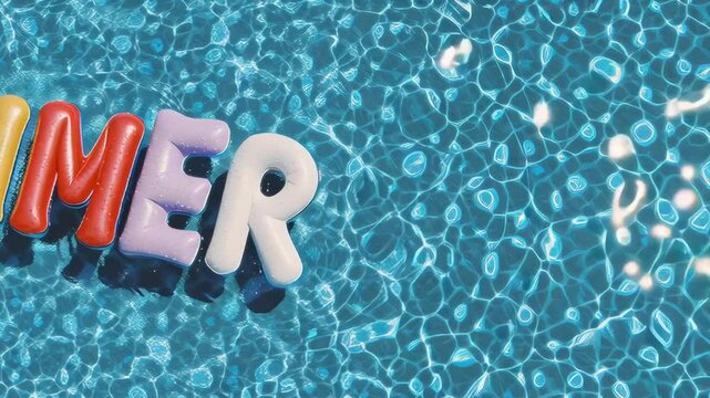 A "summer" word with inflatable letters swimming on pool with blue water in hot summer day, top view angle