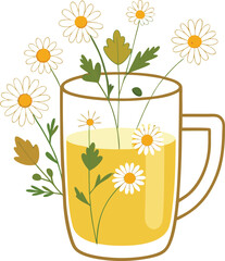 Cold Pressed Juice Variations Refreshing Chamomile Tea in a Glass Mug with Blooming Flowers, Herbal Infusion, Botanical Illustration
