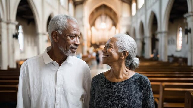 Senior religious couple walking in historic church interior. Senior parishioners in weekly worship ritual. Traditional elderly churchgoers at service. Active seniors visiting traditional church 