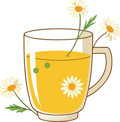 Functional Wellness Beverages Refreshing Chamomile Tea in a Glass Mug with Daisies, Herbal Drink Illustration, Healthy Beverage Concept