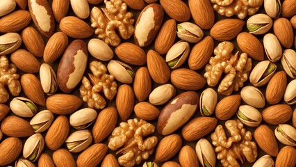 Background with Walnuts, Almonds, Pistachios, and Brazil Nuts