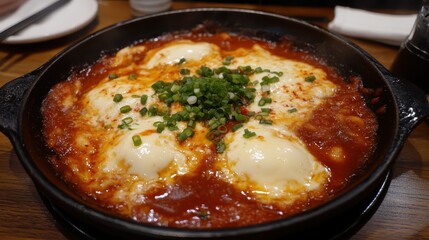 Spicy Korean Dish with Eggs and Green Onions in Cast Iron Pan