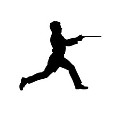 Silhouette of a man running and pointing with a stick 