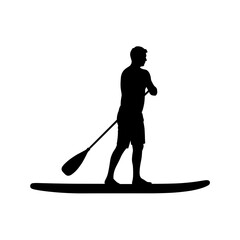 Fototapeta premium Silhouette of a man paddleboarding on calm water during sunset 