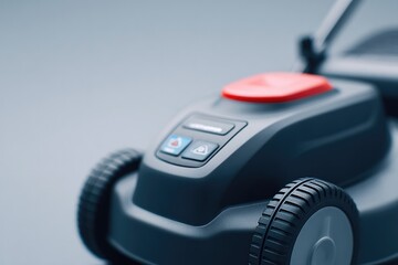 lawn mower handle with digital controls close-up against solid grey