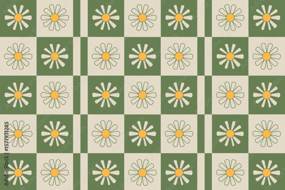 Aufkleber a checkered pattern of green and beige squares with daisies in the center of each square design styl