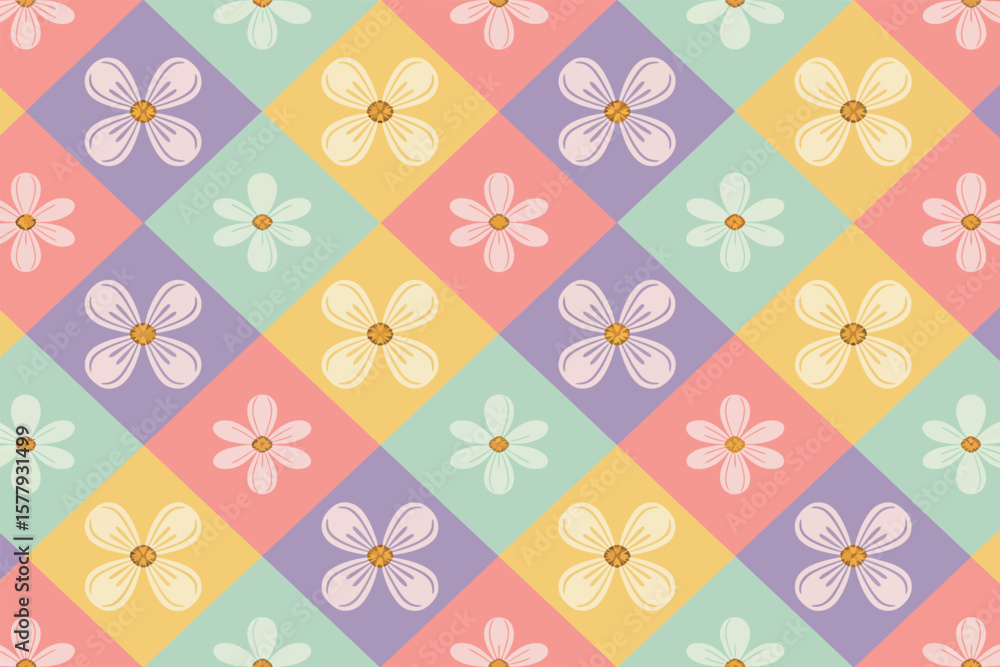Poster a seamless pattern of pastel colored squares with white flowers in a diagonal arrangement across the