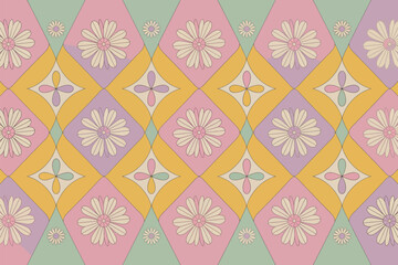 Fototapeta premium A retro floral pattern with daisies and geometric shapes in pastel colors creating a wallpaper design