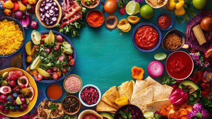 Colorful Feast of Fresh Ingredients and Dishes on Blue Surface