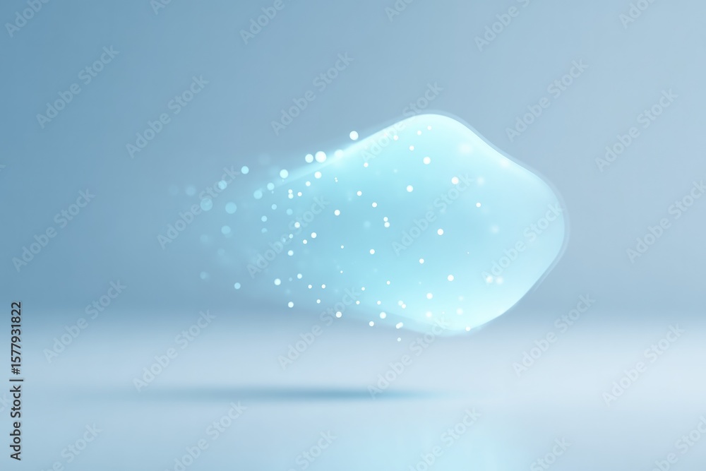 Poster minimalist dot matrix flowing into glowing amorphous energy blob on clean light gray field