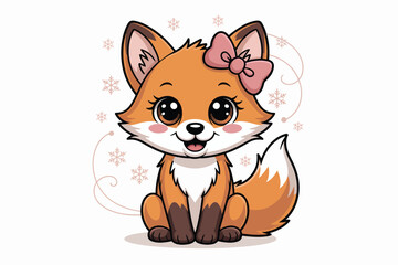 Cartoon fox with a pink bow sitting against a white background with snowflakes and swirl designs