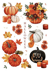 Watercolor clip art collection for Halloween and autumn designs. pumpkins (orange, white and black jack o lanterns), autumn maple leaves, cozy candles, chrysanthemums, berries. Suitable for invitation