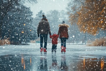 A young couple taking their children ice skating on a frozen lake, snowflakes falling gently