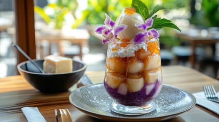 Colorful Fruit Dessert with Ice Cream and Flowers in Restaurant Setting
