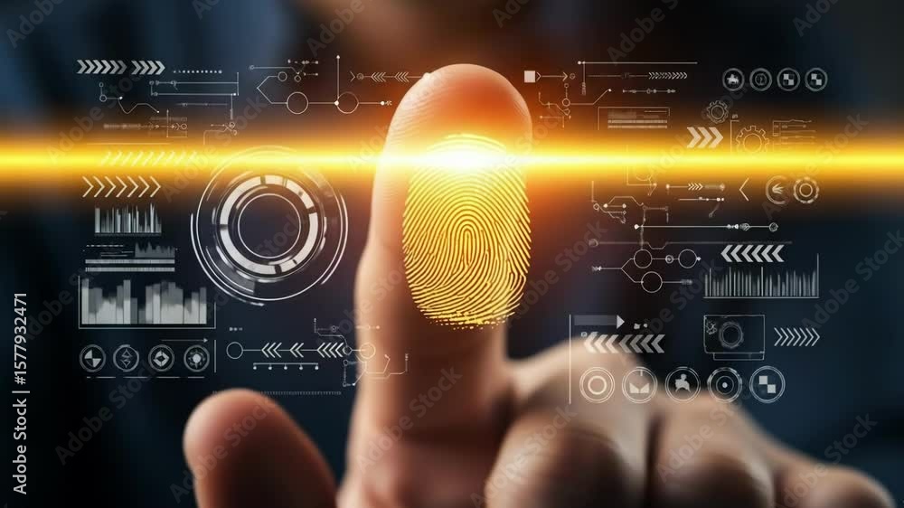 Poster fingerprint scan with glowing data interface overlayed