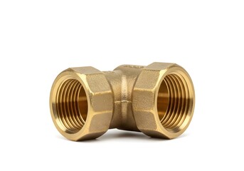 Close up shot of a brass pipe fitting with threaded ends isolated on a white background studio shot