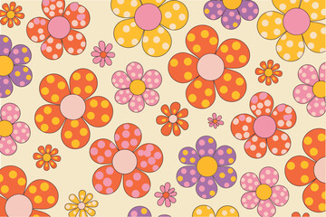 Retro flower power pattern with orange yellow pink and purple flowers on a cream colored background