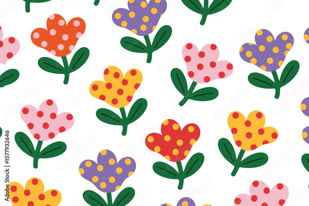 Poster a seamless pattern of colorful cartoon flowers with polka dots on a white background in a repeating 