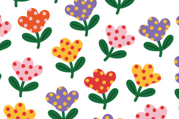 A seamless pattern of colorful cartoon flowers with polka dots on a white background in a repeating design