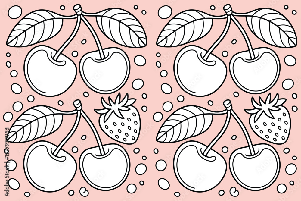 Poster a repeating pattern of cherries and strawberries with leaves on a pink background with small circles