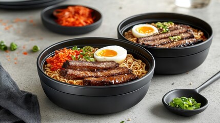 Delicious Asian Noodle Bowl with Egg and Grilled Meat Garnish