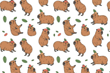Fototapeta premium A seamless pattern of cartoon capybaras with hats and leaves on a white background illustration